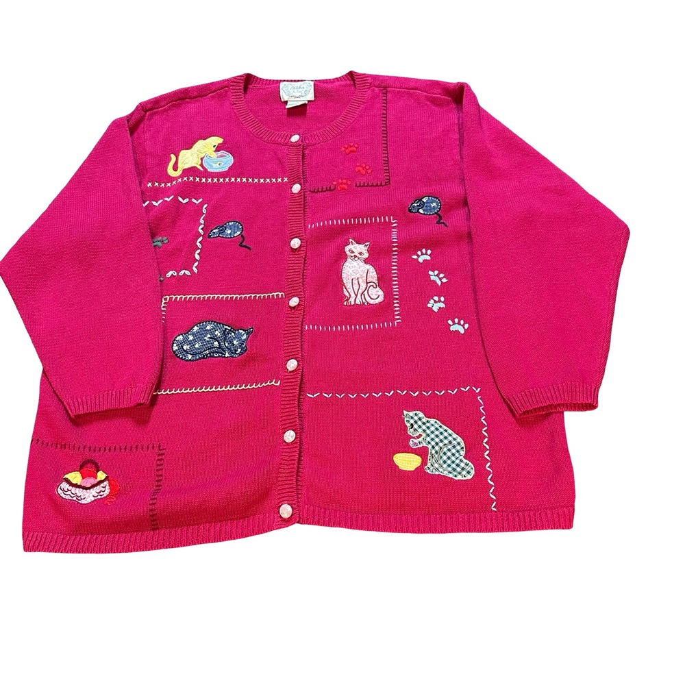 Stitches In Time‎ vintage 1X Pink Cat Mouse Sweater Cardigan Women's Plus Size
